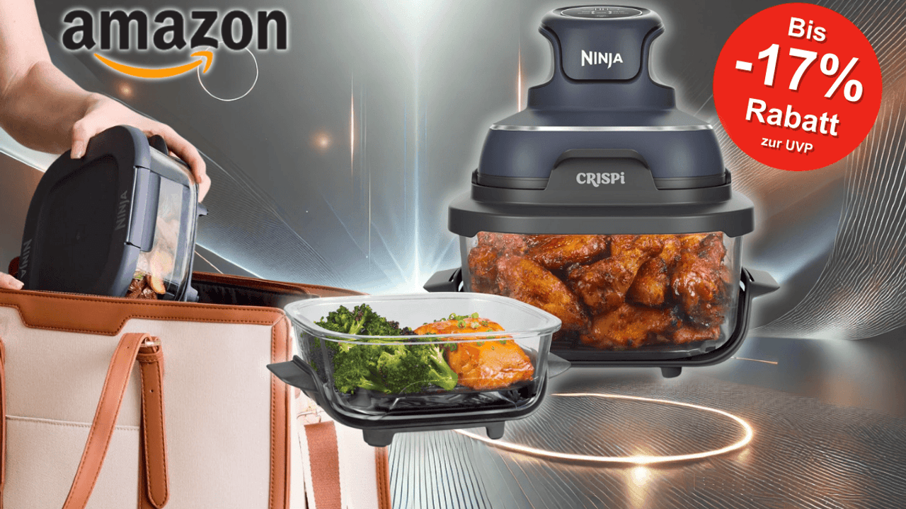 Ninja CRISPi Airfryer vor einem Hintergrund mit Lichteffekten.
