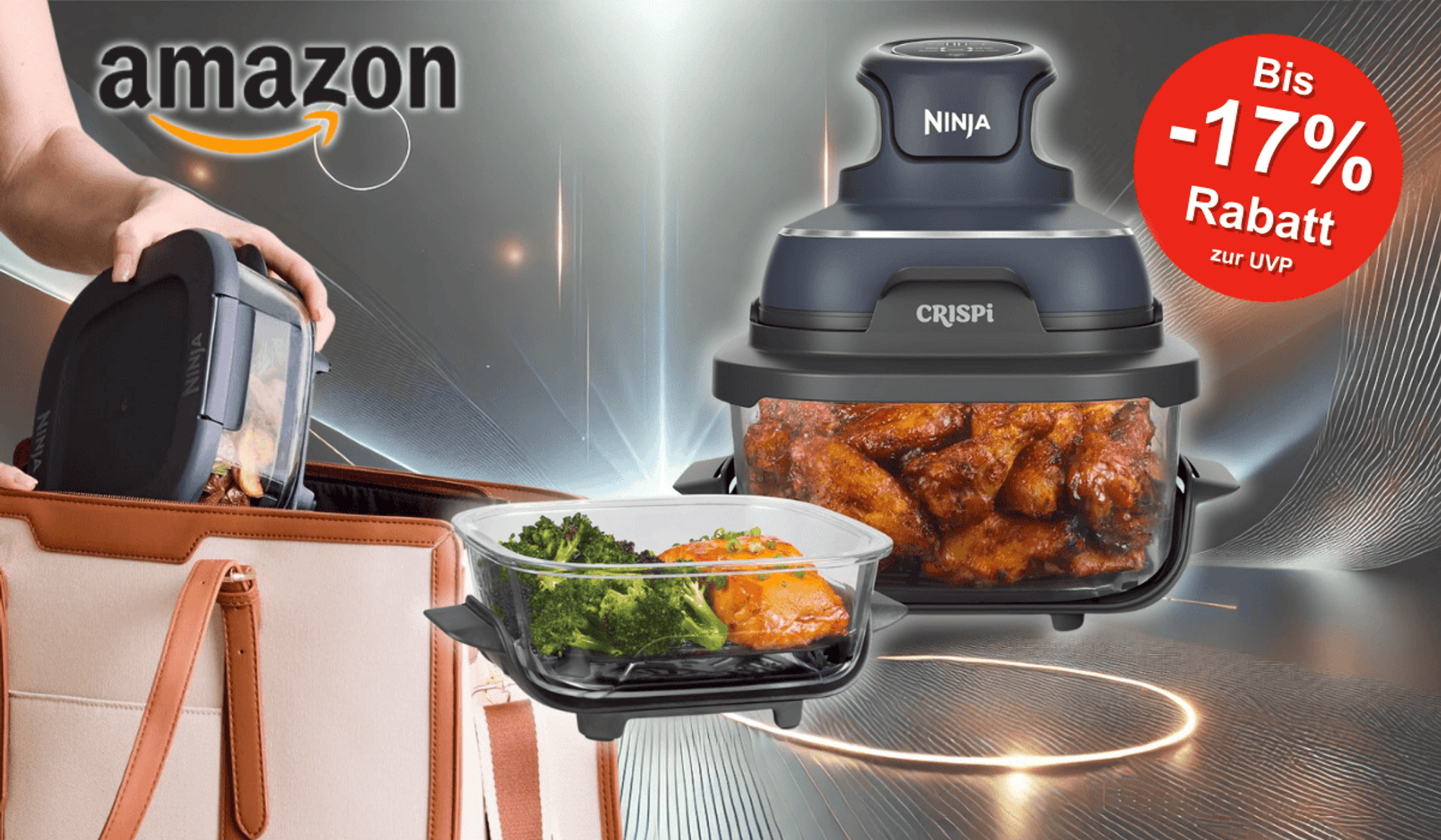 Ninja CRISPi Airfryer vor einem Hintergrund mit Lichteffekten.