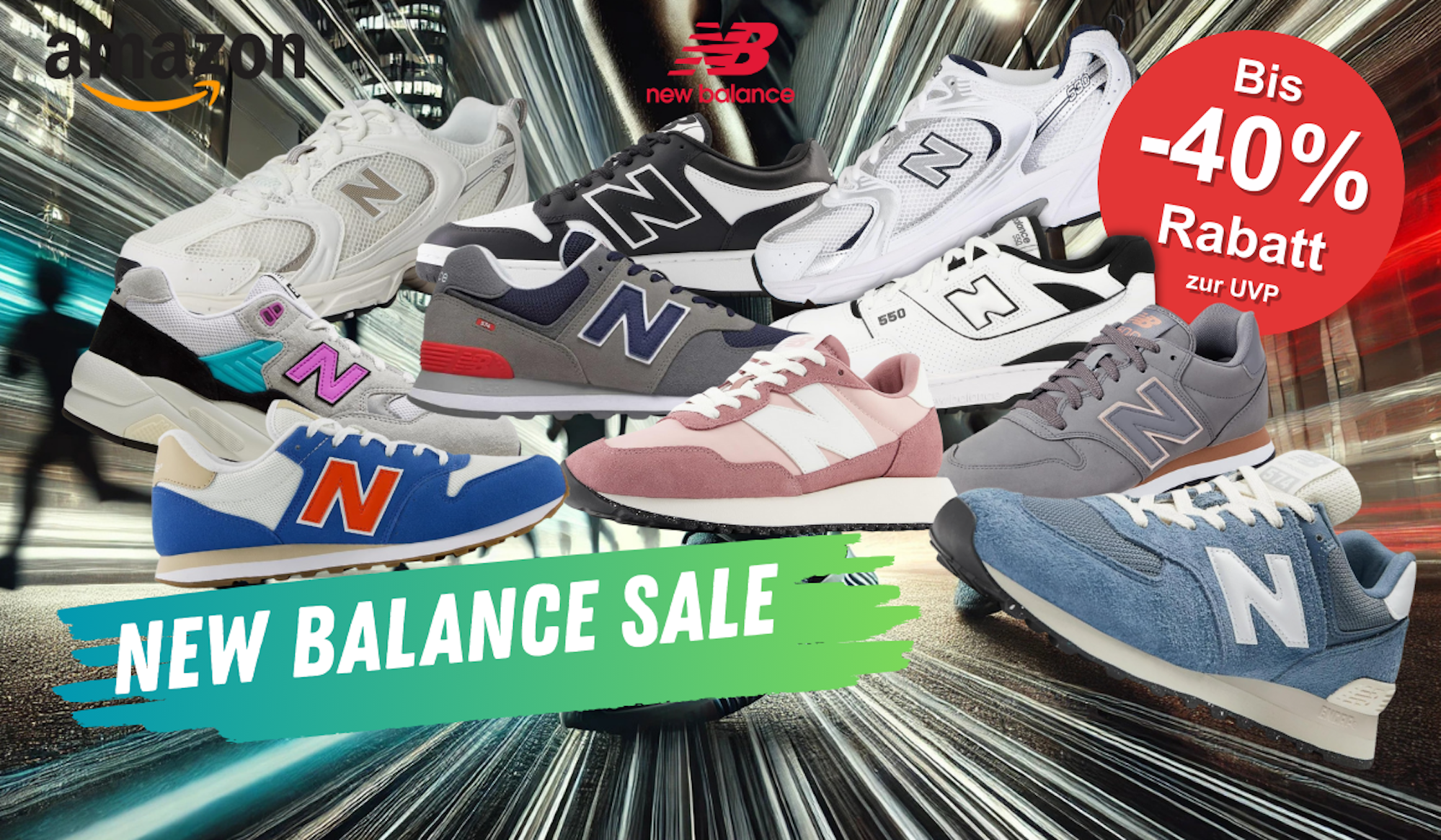 New Balance Sneaker wie 530, 550, 574, 237, Bb 480 in verschiedenen Farben vor einem dynamischen Hintergrund einer nächtlichen Stadt mit vielen Lichtern.