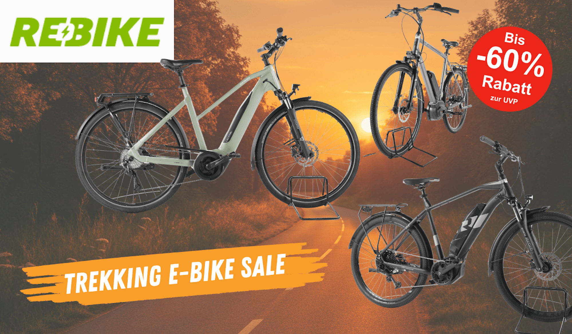 Darstellung von Trekking E-Bikes vor einem Hintergrund mit einem Weg im Sonnenuntergang.