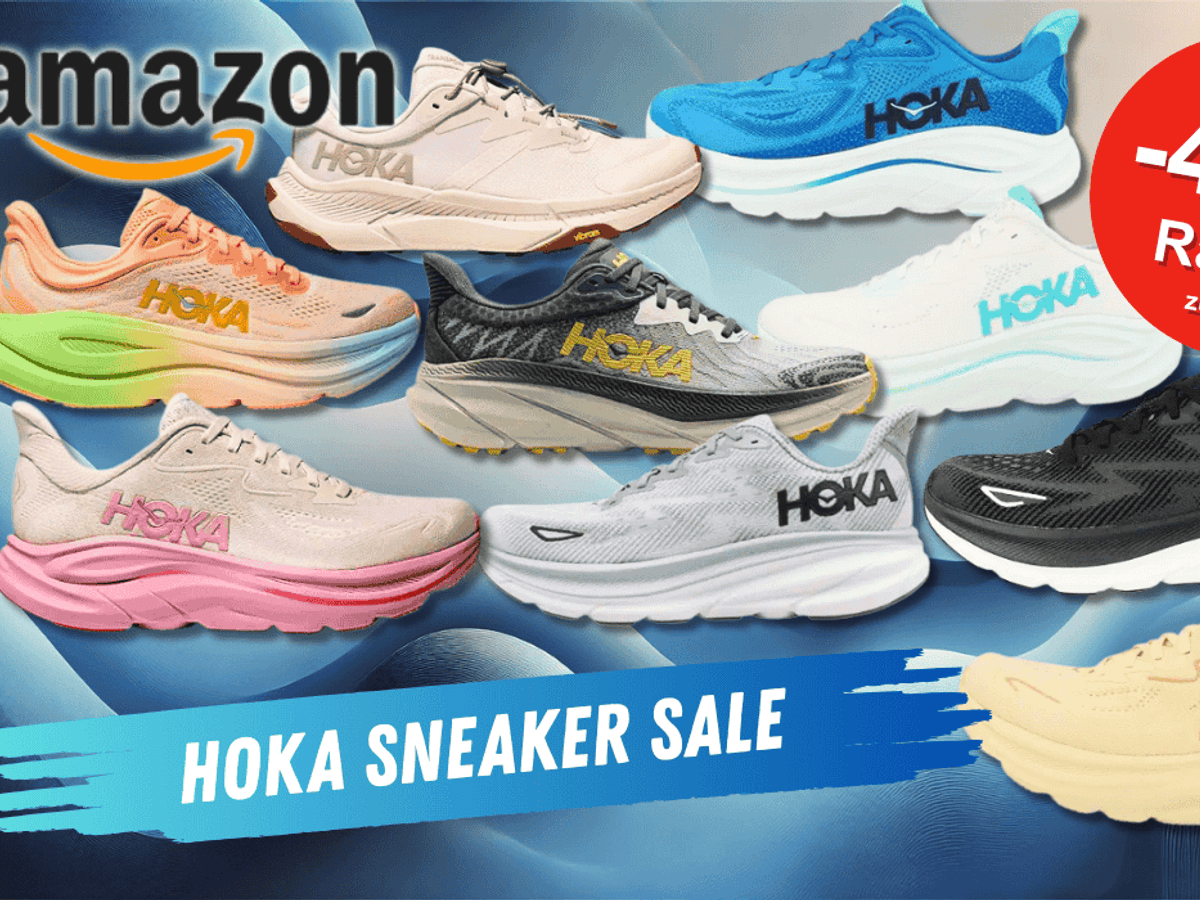 Verschiedene bunte Hoka Laufschuh-Modelle vor einem blauen Hintergrund.