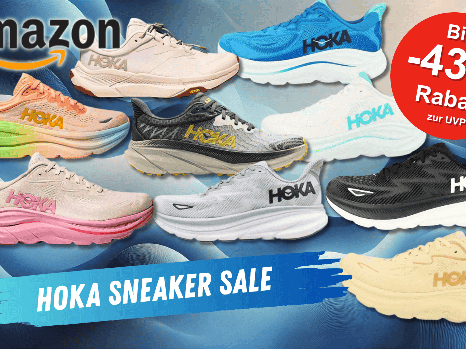 Verschiedene bunte Hoka Laufschuh-Modelle vor einem blauen Hintergrund.
