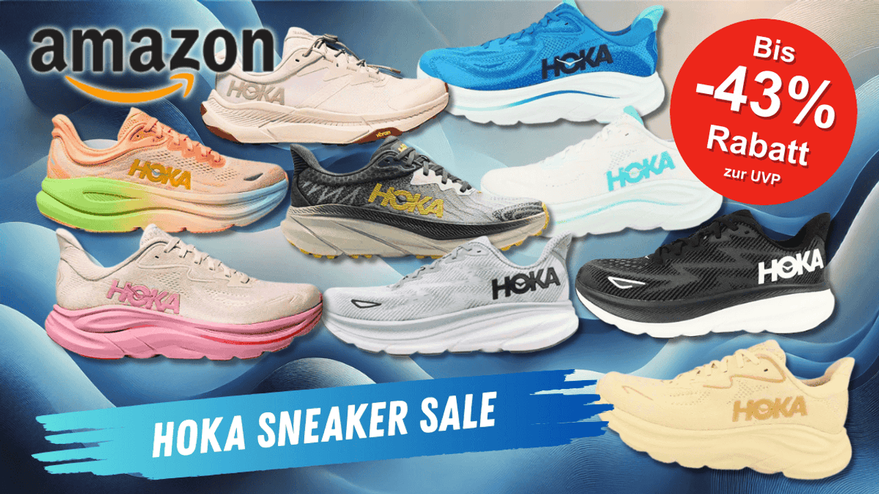 Verschiedene bunte Hoka Laufschuh-Modelle vor einem blauen Hintergrund.