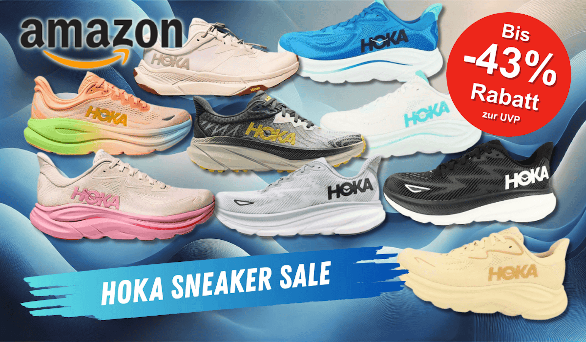 Verschiedene bunte Hoka Laufschuh-Modelle vor einem blauen Hintergrund.