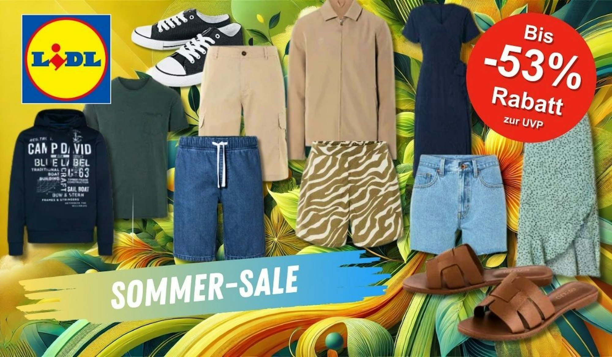 Verschiedene Kleidungsstücke und Schuhe für Damen und Herren vor einem sommerlichen Hintergrund.