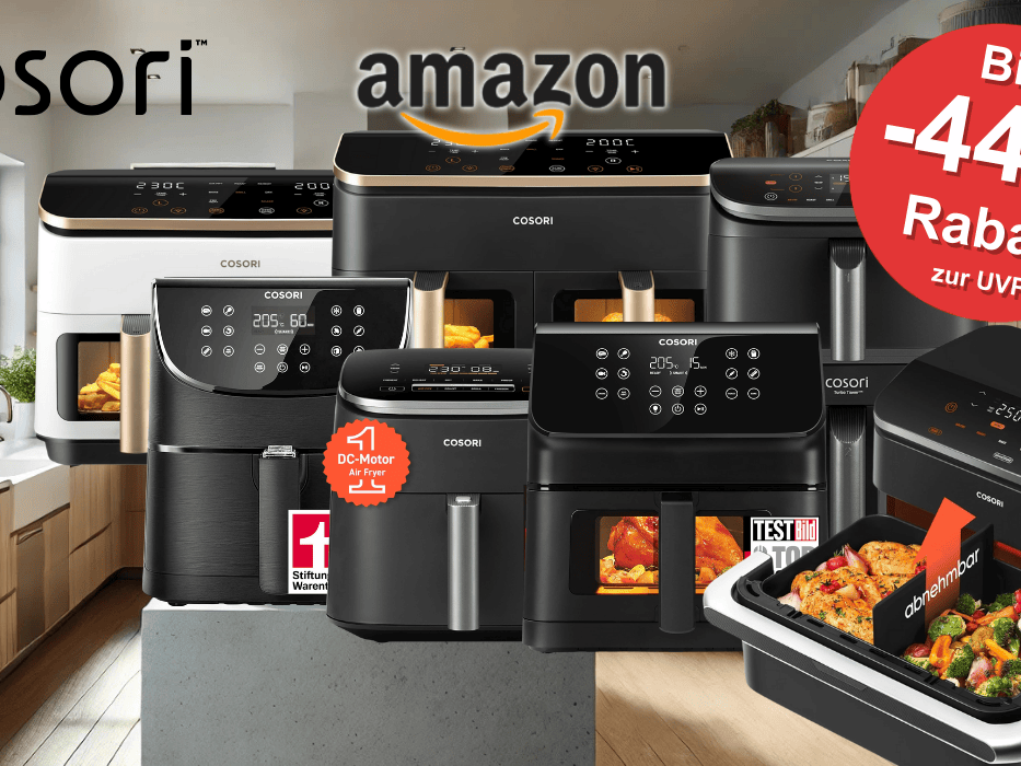 Darstellung verschiedener Cosori Airfryer. Im Hintergrund ist eine Küche abgebildet.