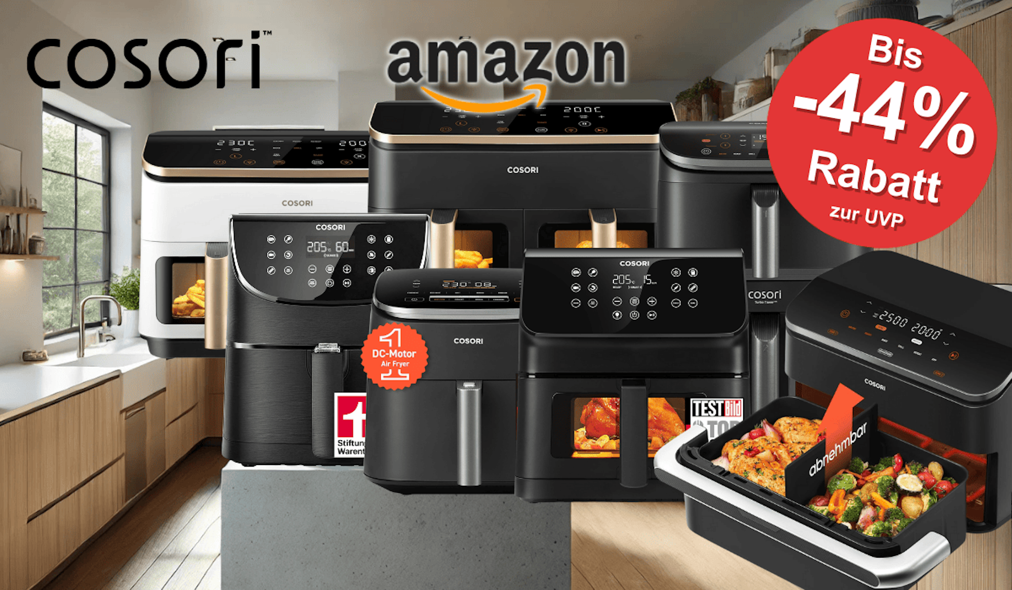 Darstellung verschiedener Cosori Airfryer. Im Hintergrund ist eine Küche abgebildet.