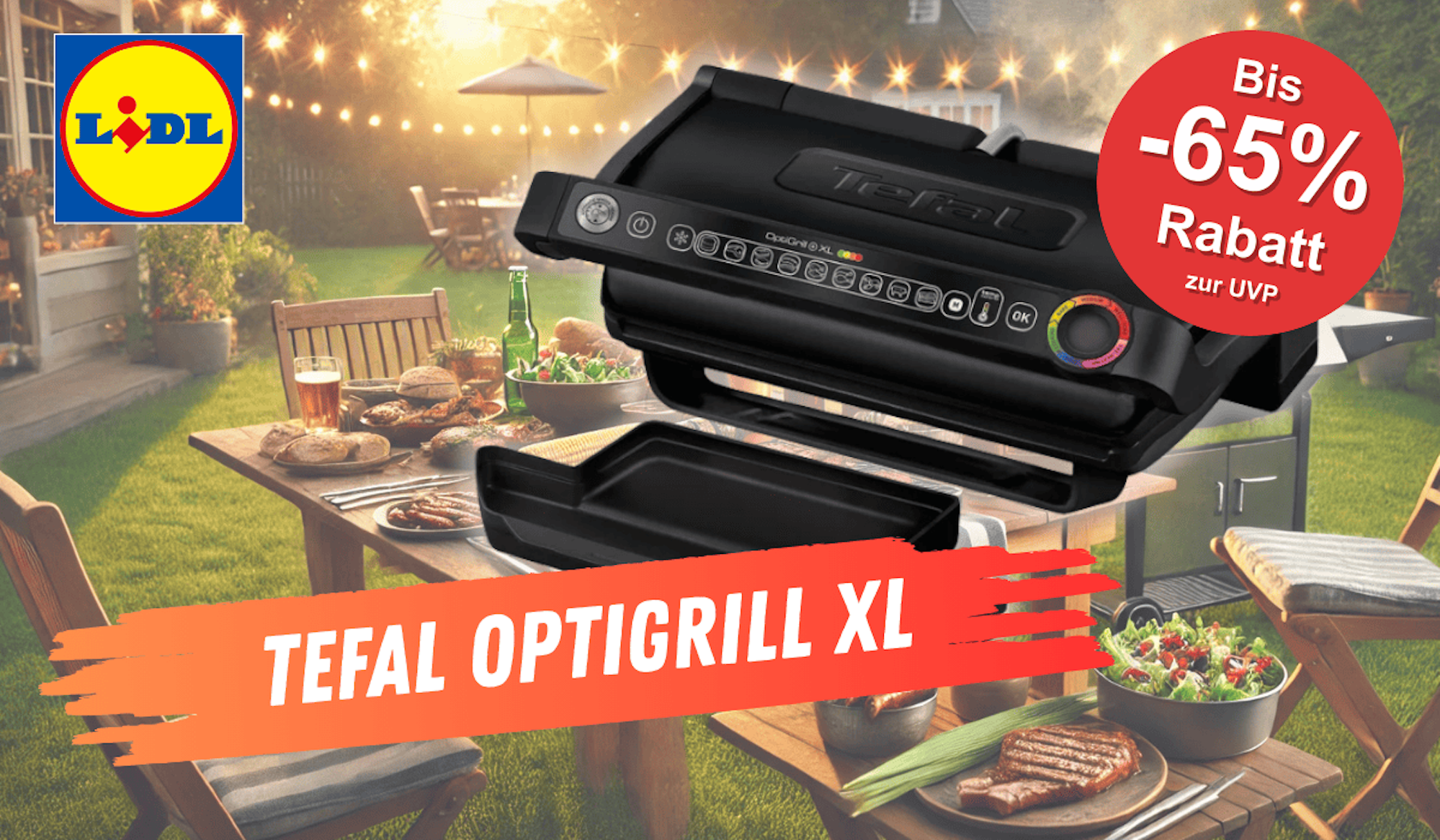 Darstellung des Tefal Optigrill XL vor einem Hintergrund, der einen gedeckten Tisch mit Essen im Garten zeigt.