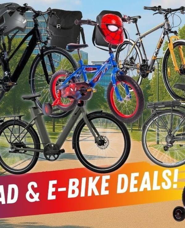 E-Bikes, City- und Trekkingräder, Kinderfahrräder sowie Fahrradzubehör wie Anhänger, Fahrradhelm, Fahrradtaschen vor einem Hintergrundbild aus einem grünen Park in der Stadt.