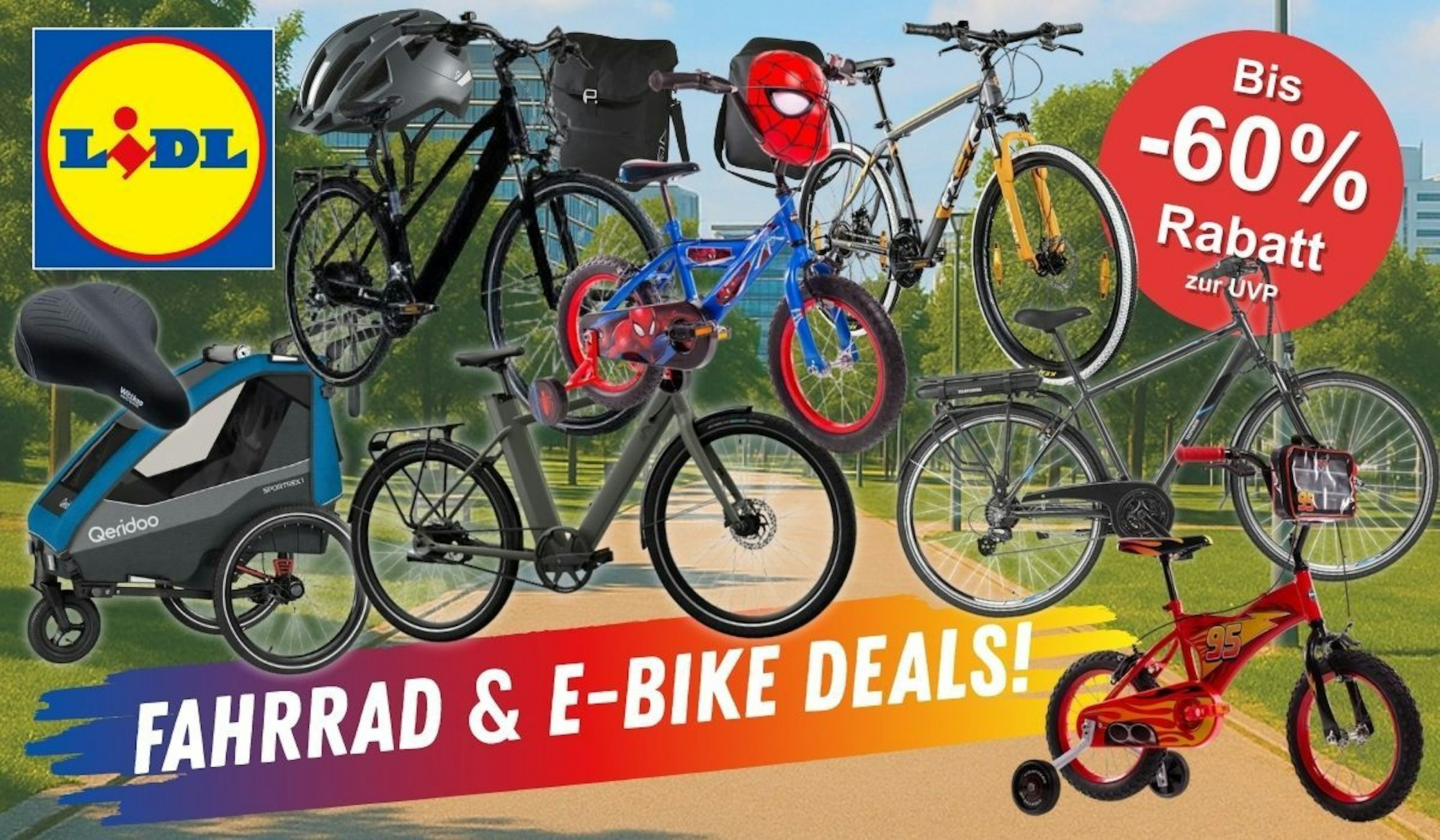 E-Bikes, City- und Trekkingräder, Kinderfahrräder sowie Fahrradzubehör wie Anhänger, Fahrradhelm, Fahrradtaschen vor einem Hintergrundbild aus einem grünen Park in der Stadt.
