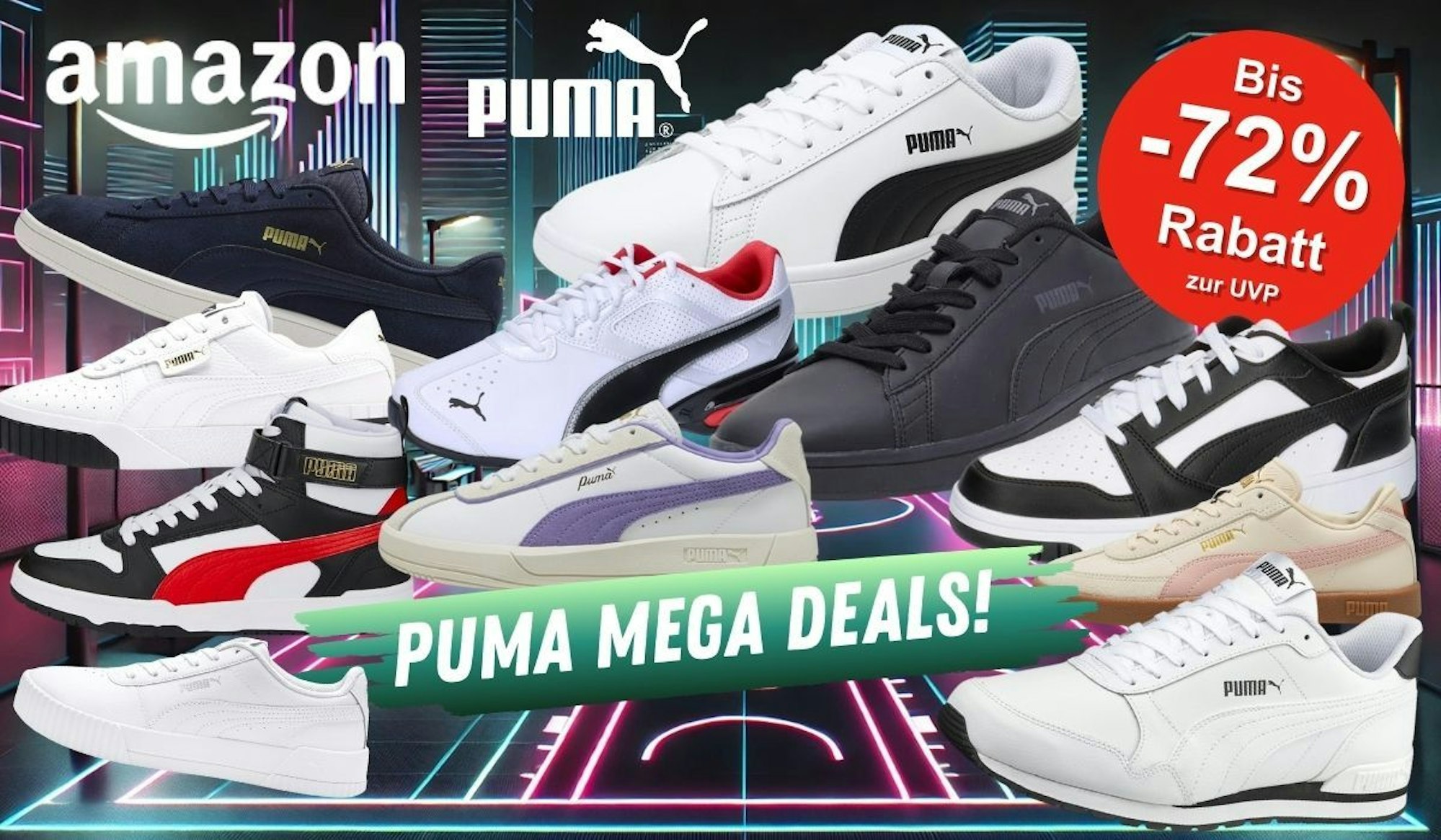 Puma Sneaker Modelle vor einem futuristisch neonfarbenen, urbanen Sportplatz: Puma Unisex Smash V2 Sneaker, Puma Cali, Carina Lift Snake oder Puma St Runner.