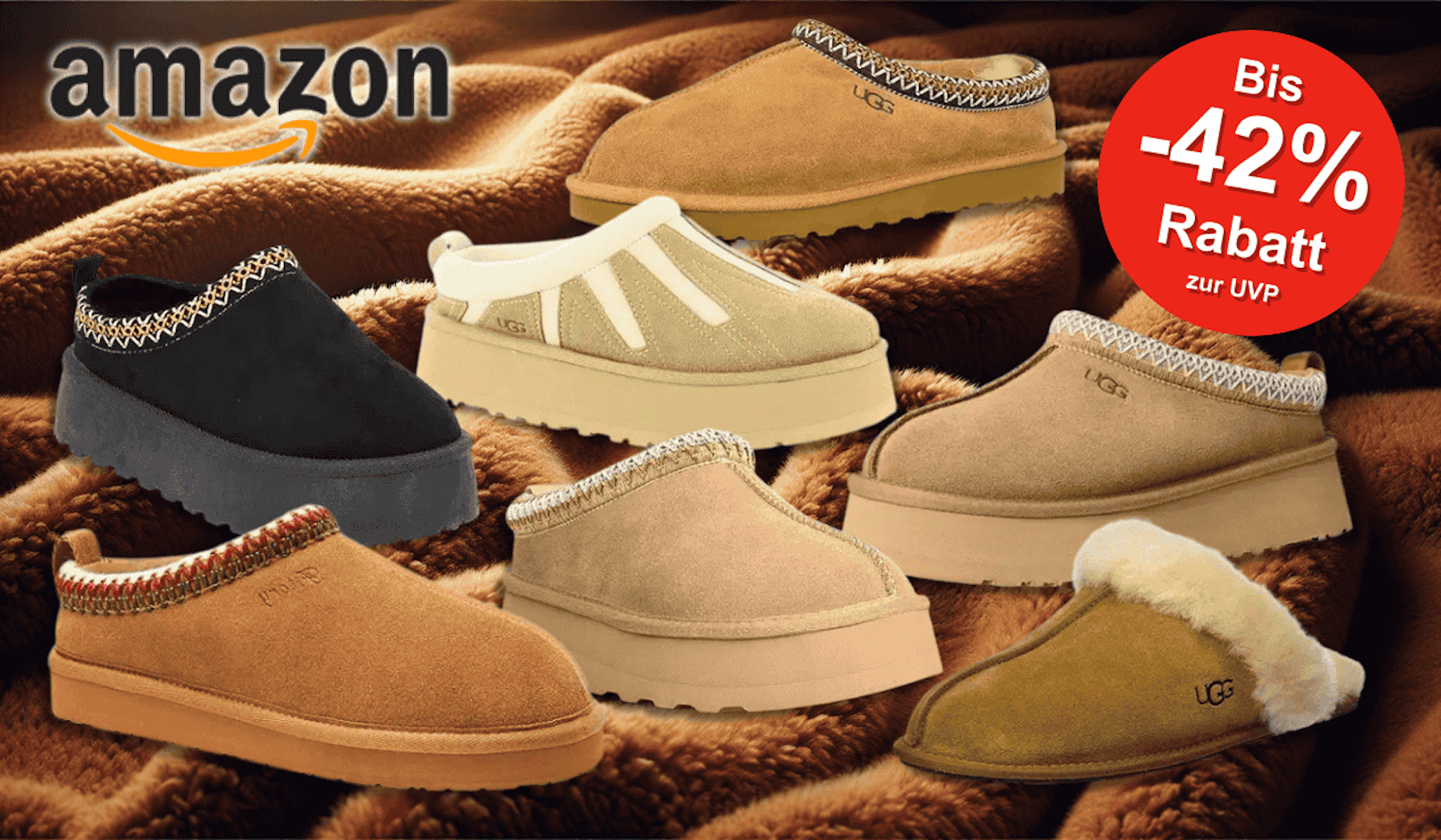 Auf dem Bild sind verschiedene UGG-Modelle und UGG Alternativen in unterschiedlichen Farben und Designs auf einem weichen braunen Stoffhintergrund zu sehen.