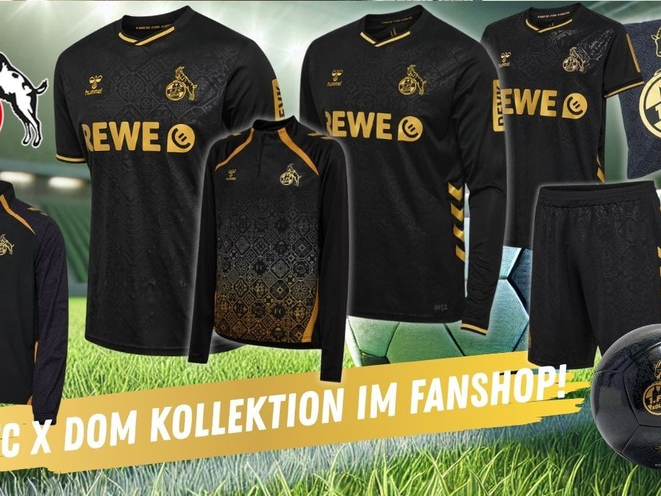 FC x Dom Kollektion Ausweichtrikot 2025/26, Ausweichtrikot Langarm, und Junior, Auflaufjacke, Aufwärmtop, Shorts, Bettwäsche, Ball vor einem grünen Rasen in einem Fußballstadion.