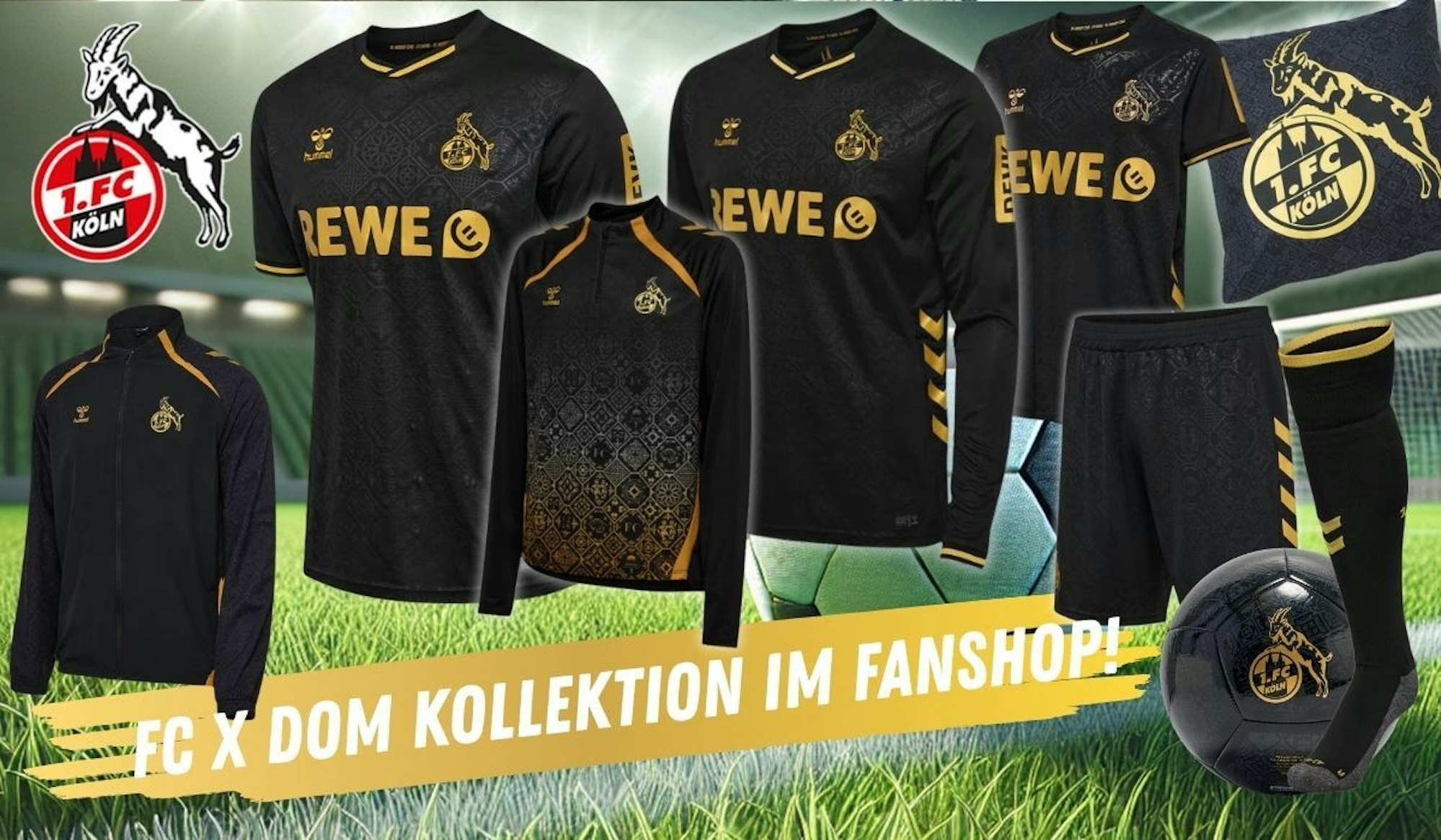 FC x Dom Kollektion Ausweichtrikot 2025/26, Ausweichtrikot Langarm, und Junior, Auflaufjacke, Aufwärmtop, Shorts, Bettwäsche, Ball vor einem grünen Rasen in einem Fußballstadion.