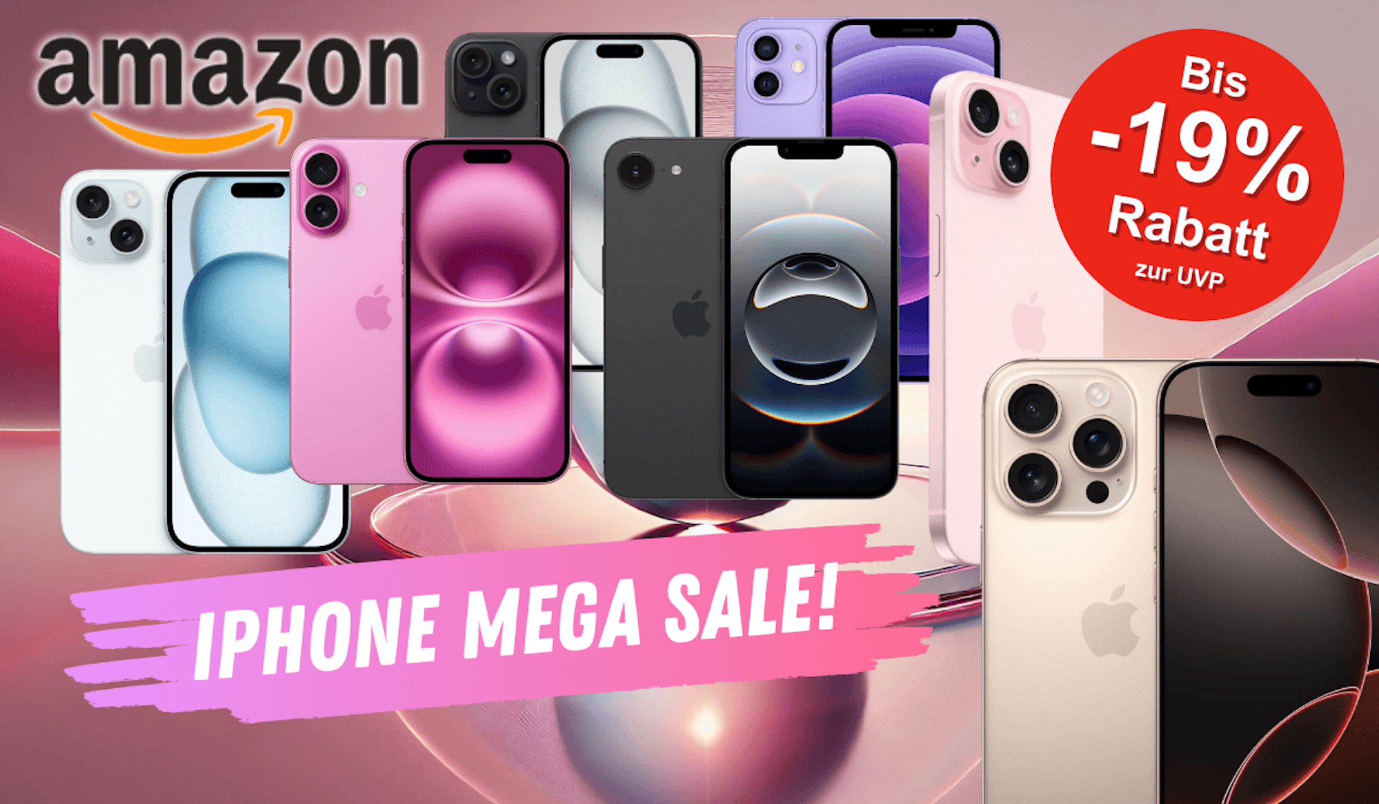 Anordnung verschiedener iPhones vor einem Hintergrund in rosa Tönen.