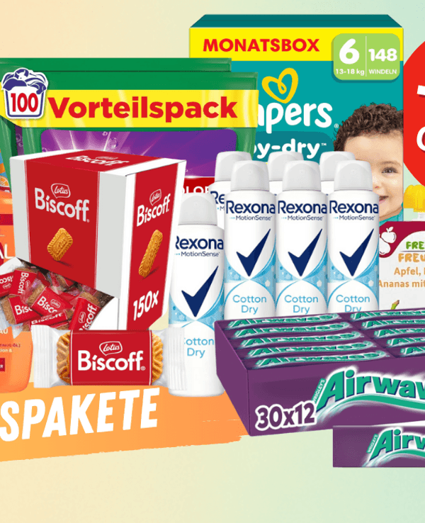 Vorteilspakete mit vielen Packungen von Corny, Airwaves, Pampers, Rexona und mehr.
