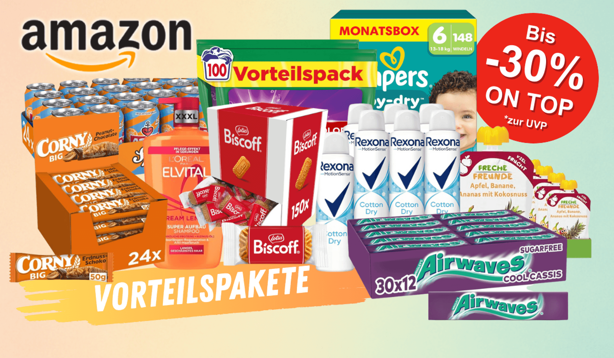 Vorteilspakete mit vielen Packungen von Corny, Airwaves, Pampers, Rexona und mehr.