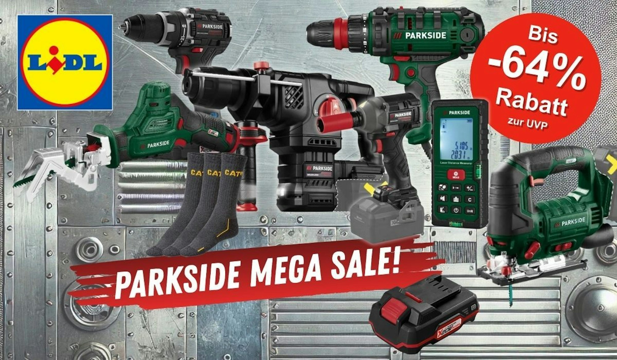 Parkside und Parkside Performance Produkte und Werkzeug wie Akkuschrauber, Schlagbohrer, Stichsäge und mehr vor einem metallischen Hintergrund