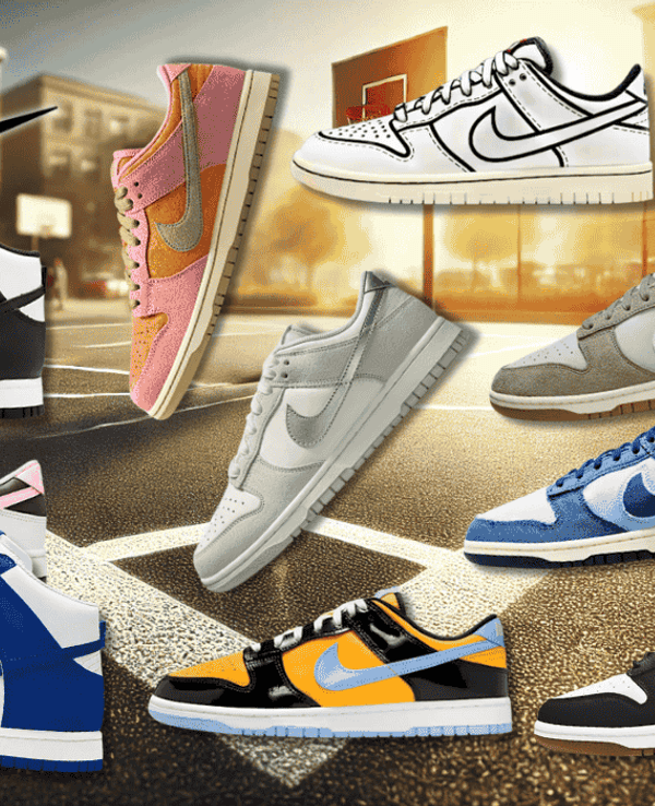 Verschiedene Nike Dunk High und Low Modelle in unterschiedlichen Farben vor einem Basketballplatz.