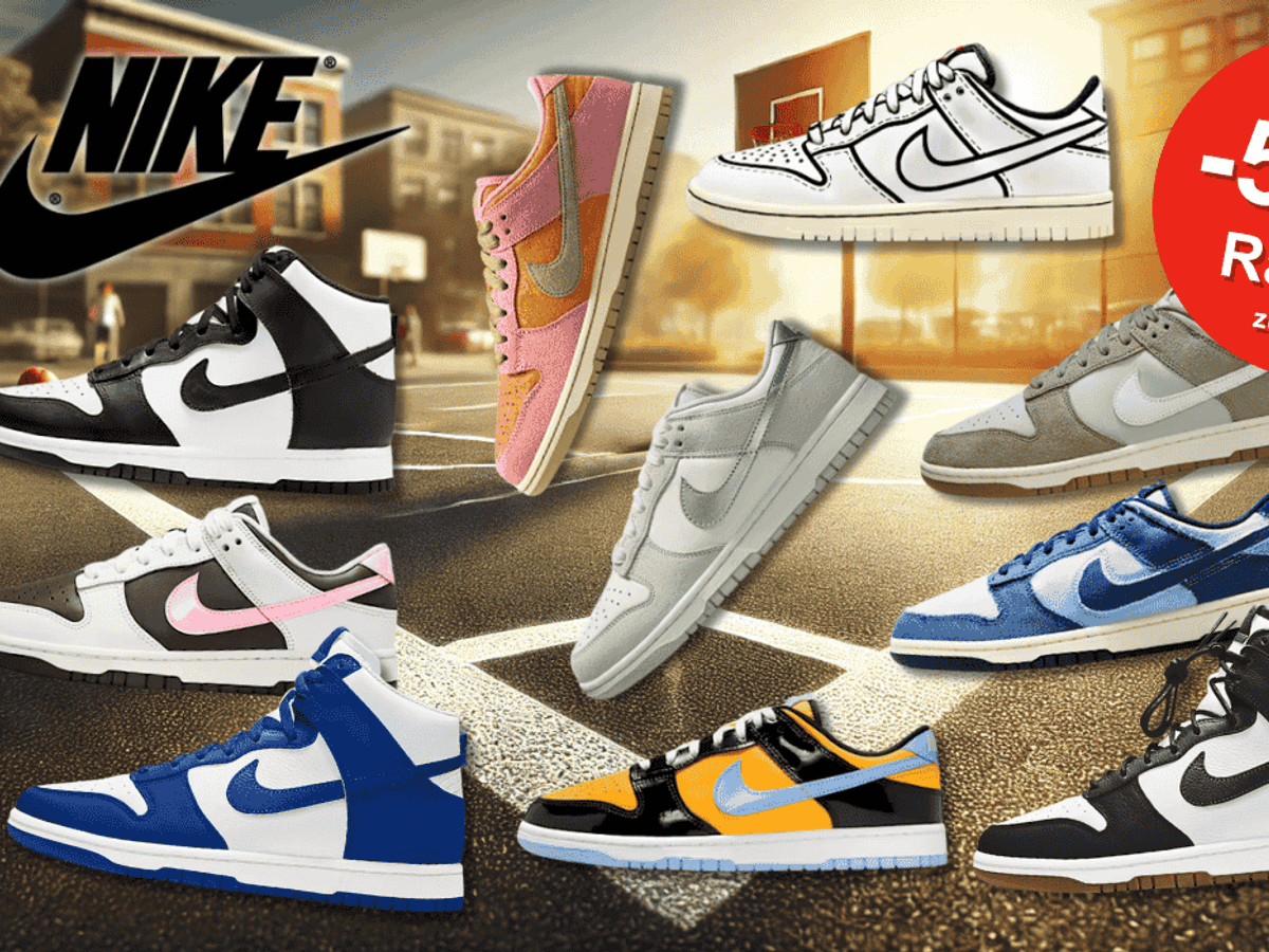 Verschiedene Nike Dunk High und Low Modelle in unterschiedlichen Farben vor einem Basketballplatz.