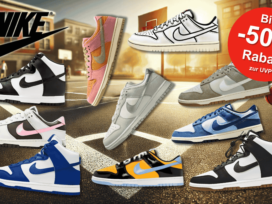 Verschiedene Nike Dunk High und Low Modelle in unterschiedlichen Farben vor einem Basketballplatz.