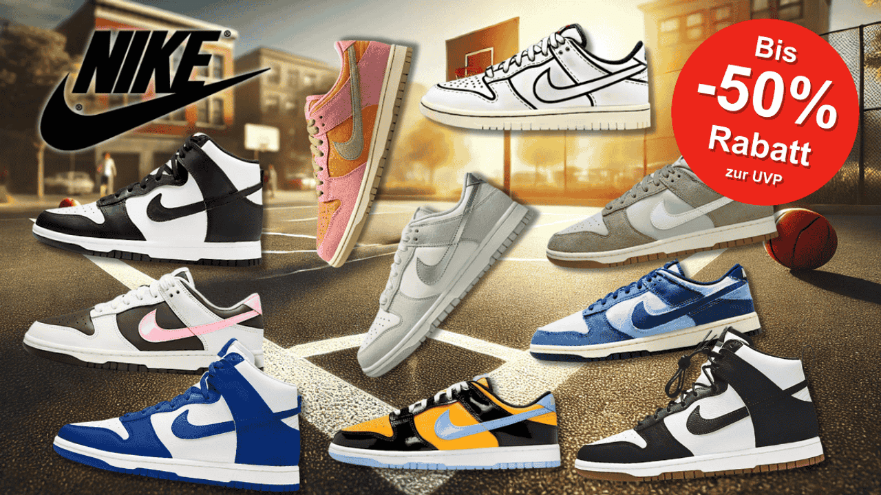 Verschiedene Nike Dunk High und Low Modelle in unterschiedlichen Farben vor einem Basketballplatz.
