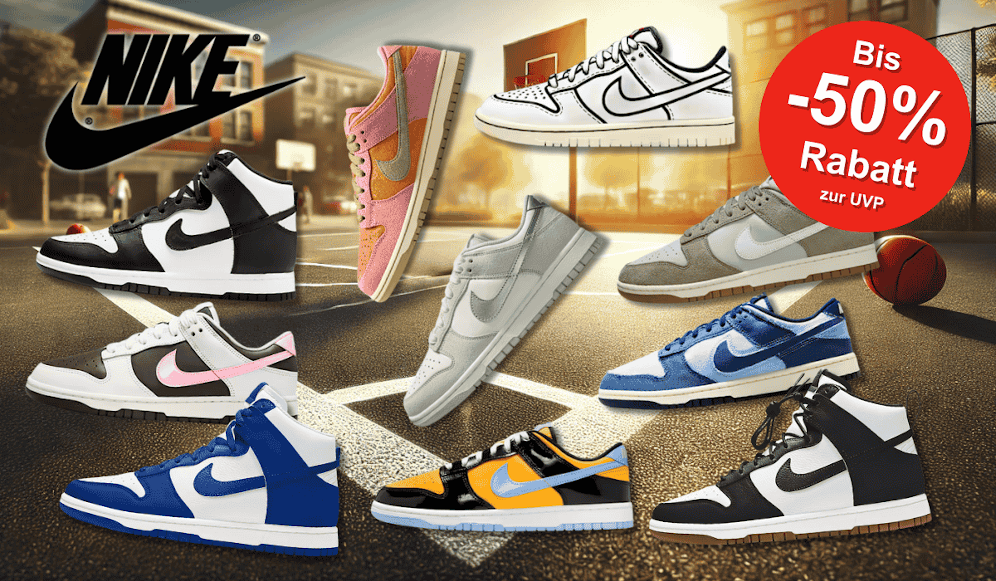 Verschiedene Nike Dunk High und Low Modelle in unterschiedlichen Farben vor einem Basketballplatz.