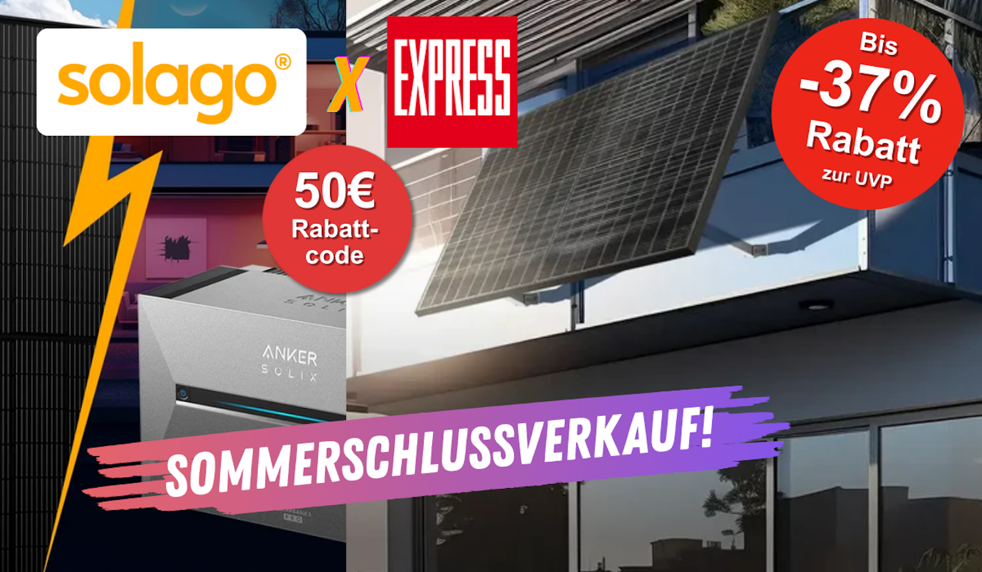 Solago Balkonkraftwerke Komplettsets an einem Gitterbalkon mit Anker Solix 3 Pro Solarbank Speicher und EXPRESS Logo.