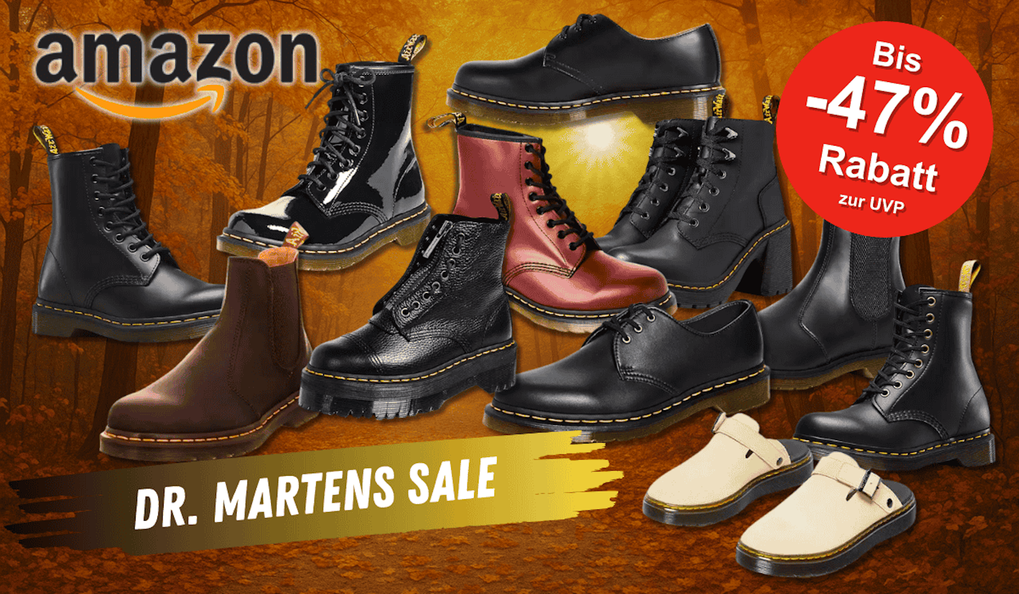 Verschiedenen Modelle der Dr. Marten Boots und Schuhe auf einem orange-goldenen Waldhintergrund.