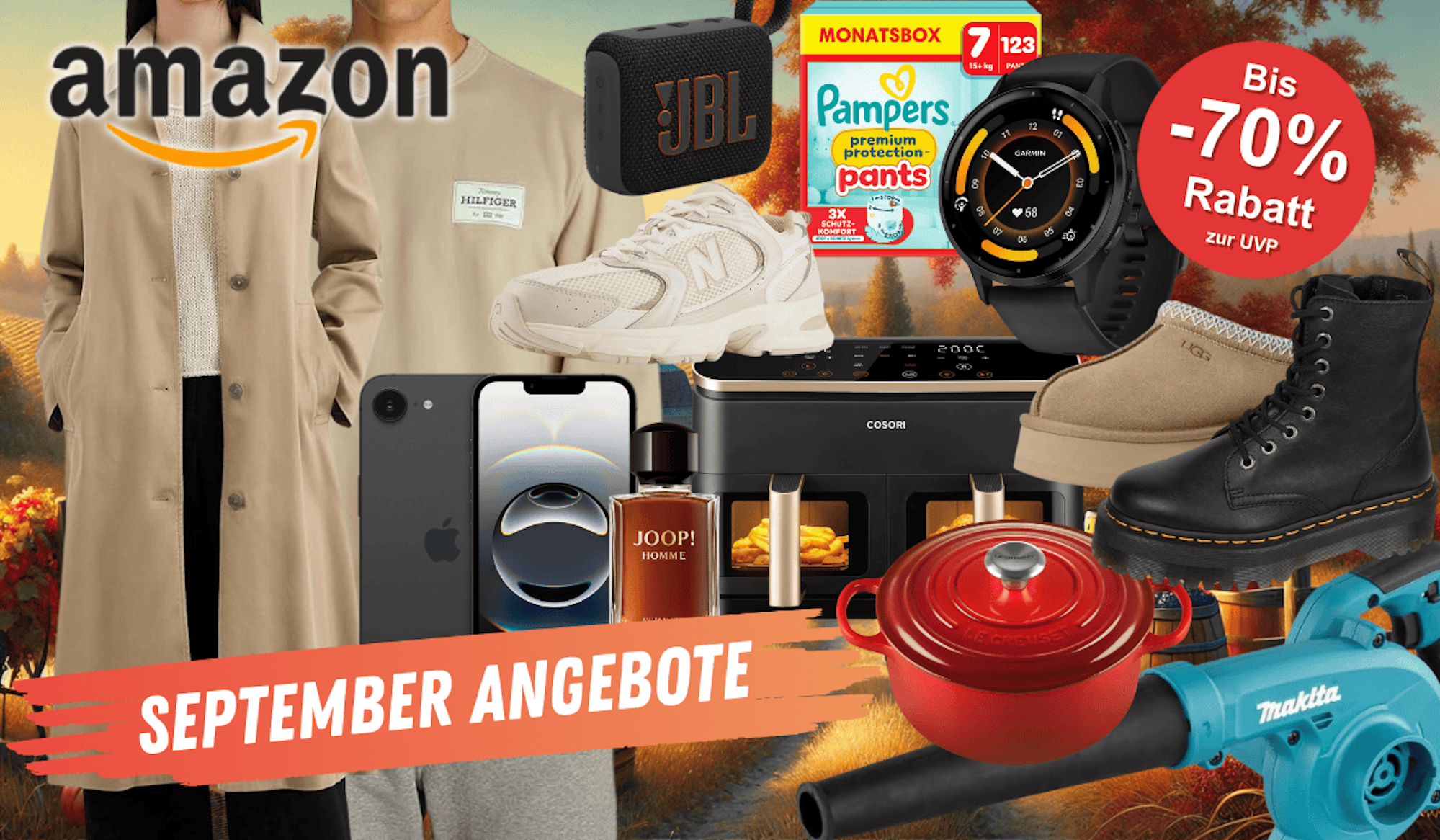 Darstellung verschiedener Artikel wie JBL Box, Garmin Smartwatch, New Balance Sneaker, Tommy Hilfiger Pullover und mehr vor einem herbstlichen Hintergrund.
