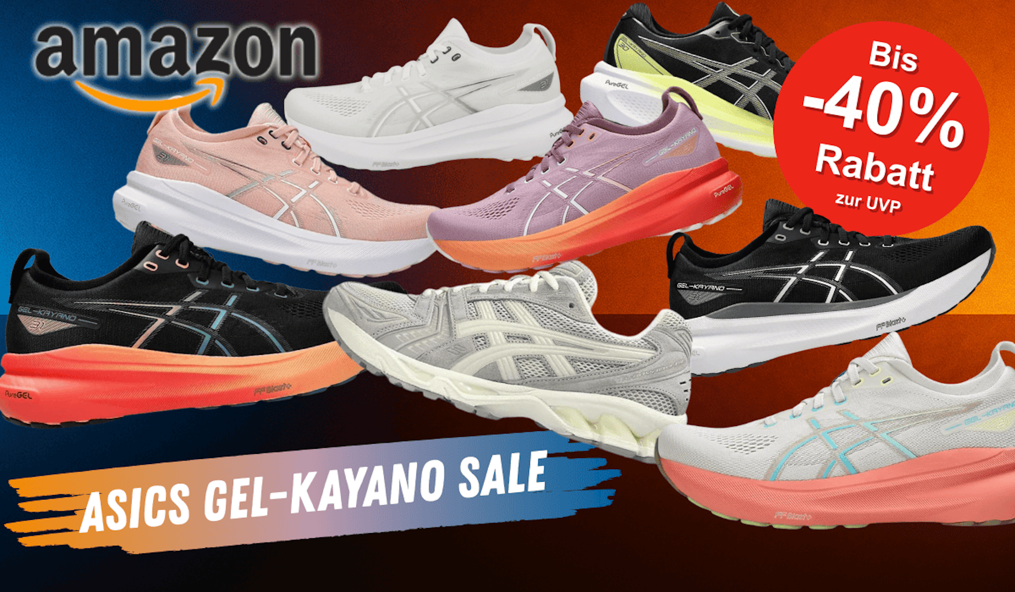 Anordnung verschiedener ASICS Gel-Kayano Sneaker-Modelle vor einem Hintergrund in dunkelblau und orange.
