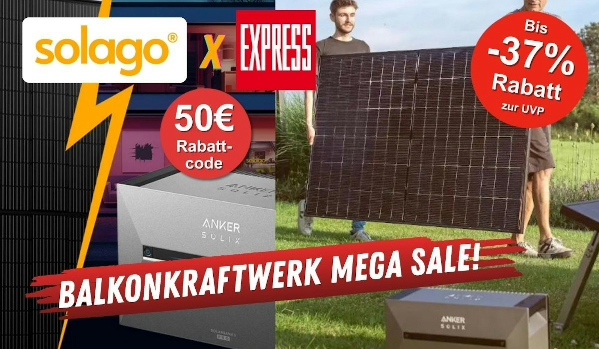 Zwei Männer tragen ein Solago Balkonkraftwerk Solarpanel über einen Rasen im Garten. Daneben Anker Solix 3 Pro Solarbank Speicher.