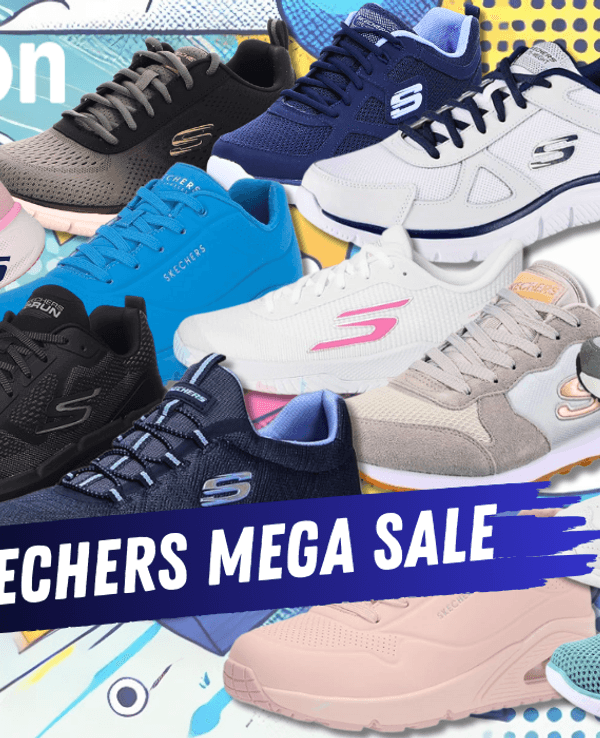 Verschiedene Skechers Schuhe und Sneaker Modelle für Damen und Herren vor einem comicartigen bunten Hintergrund.