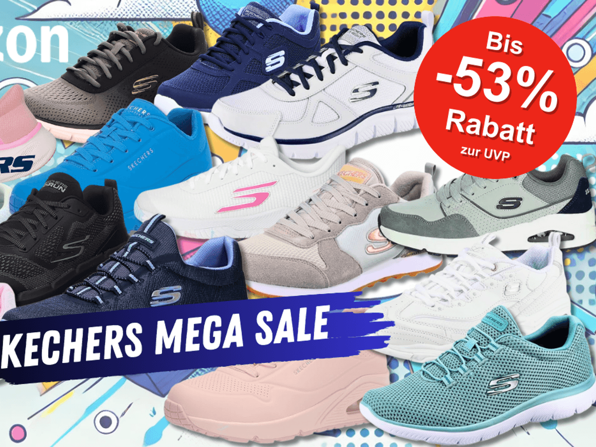Verschiedene Skechers Schuhe und Sneaker Modelle für Damen und Herren vor einem comicartigen bunten Hintergrund.
