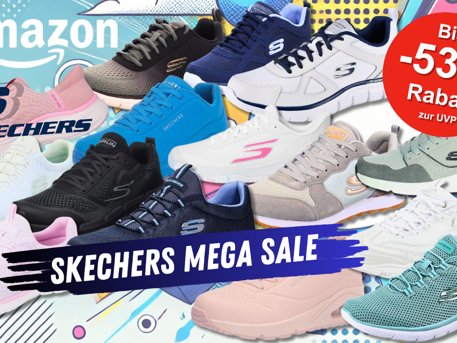 Verschiedene Skechers Schuhe und Sneaker Modelle für Damen und Herren vor einem comicartigen bunten Hintergrund.