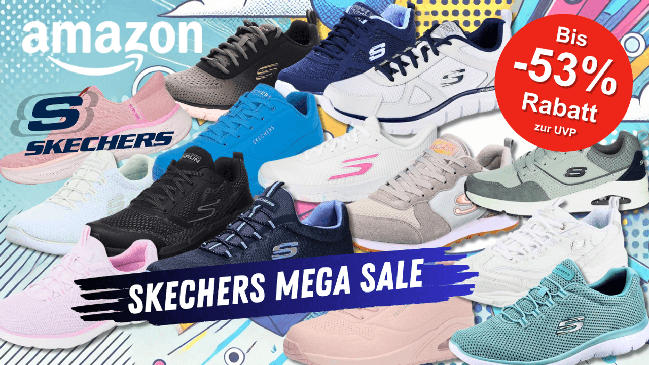Verschiedene Skechers Schuhe und Sneaker Modelle für Damen und Herren vor einem comicartigen bunten Hintergrund.