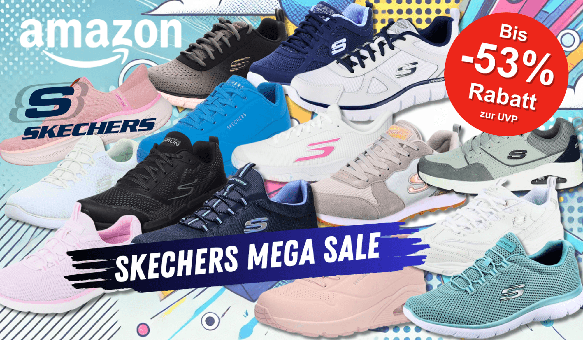Verschiedene Skechers Schuhe und Sneaker Modelle für Damen und Herren vor einem comicartigen bunten Hintergrund.