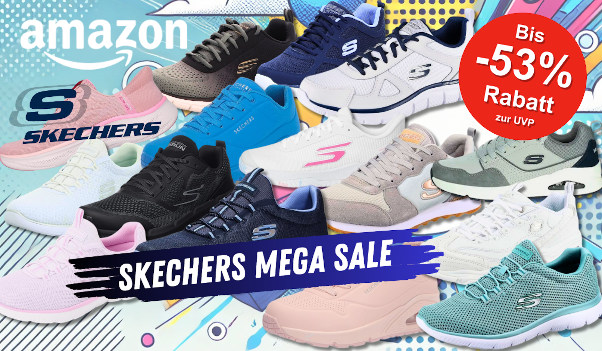 Verschiedene Skechers Schuhe und Sneaker Modelle für Damen und Herren vor einem comicartigen bunten Hintergrund.