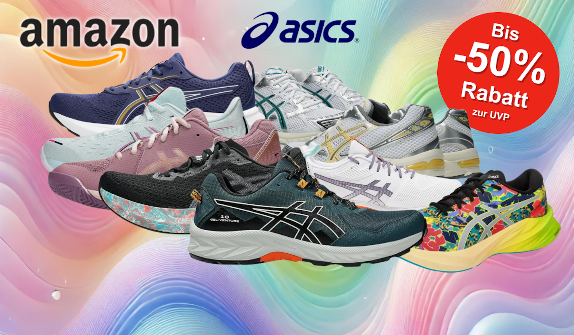 Auf dem Bild sind unterschiedliche Varianten von Asics Sneakern zu sehen.