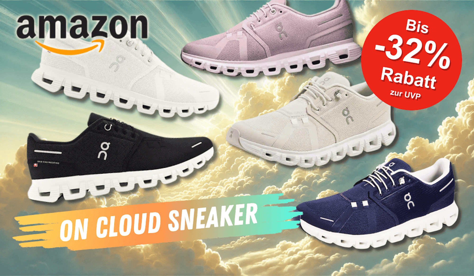 On Cloud Running Sneaker vor wolkigem Hintergrund.