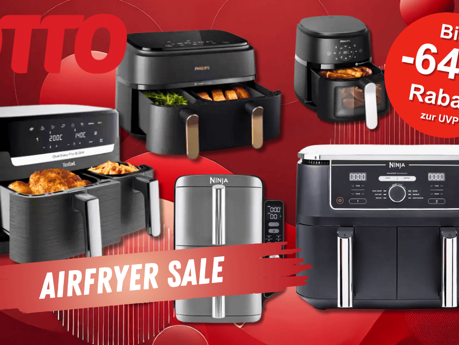 Auf dem Bild sind Airfryer von verschiedenen Marken wie Philips, Ninja und Tefal vor einem roten Hintergrund platziert.