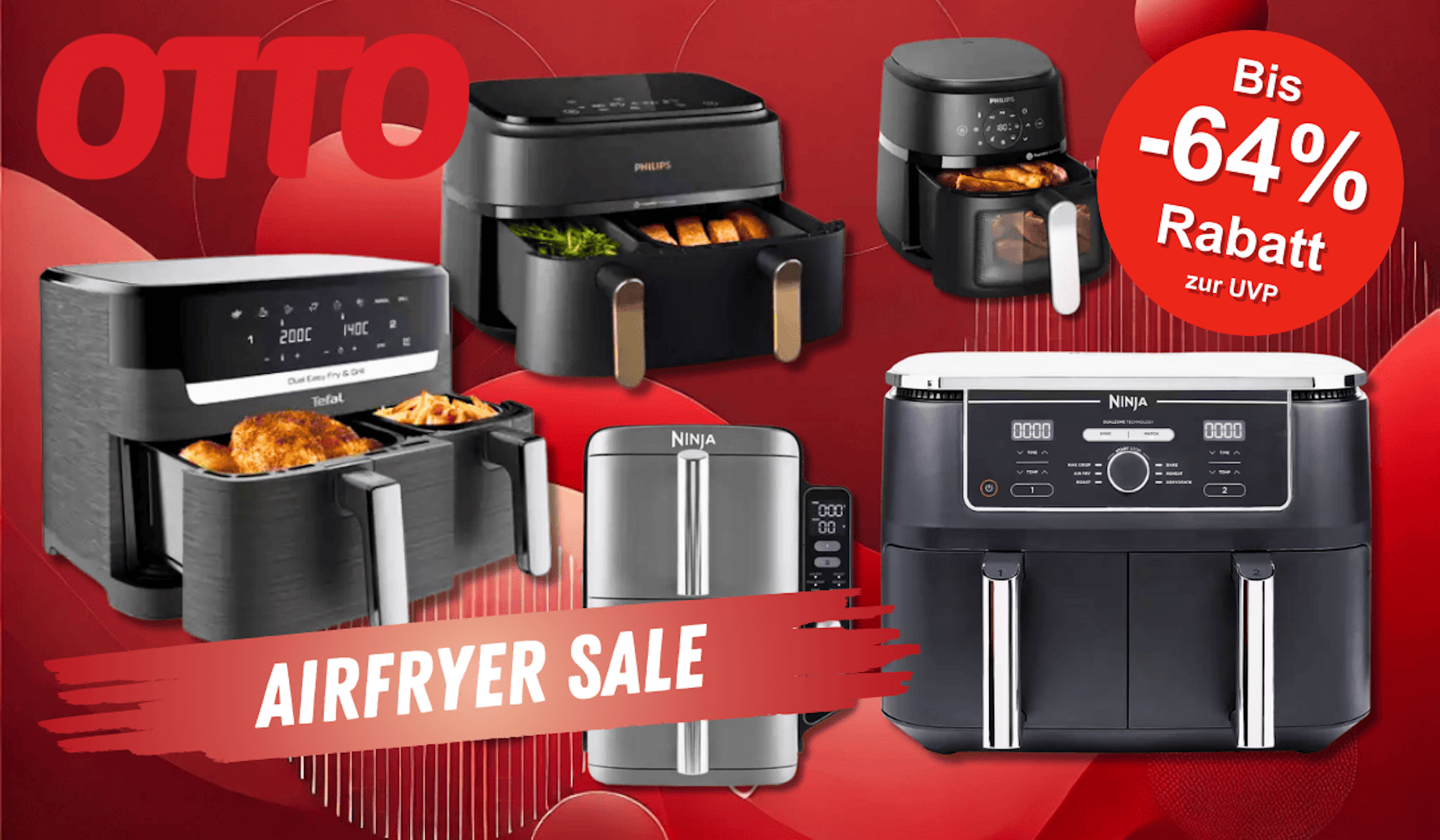 Auf dem Bild sind Airfryer von verschiedenen Marken wie Philips, Ninja und Tefal vor einem roten Hintergrund platziert.