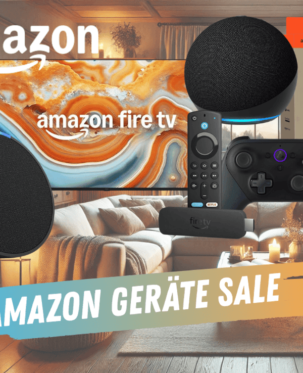 Darstellung verschiedener Amazon Geräte wie Amazon Fire TV Stick, Echo Dot, Kindle, Amazon Fire TV und mehr vor einem Hintergrund, welcher ein gemütliches Wohnzimmer zeigt.