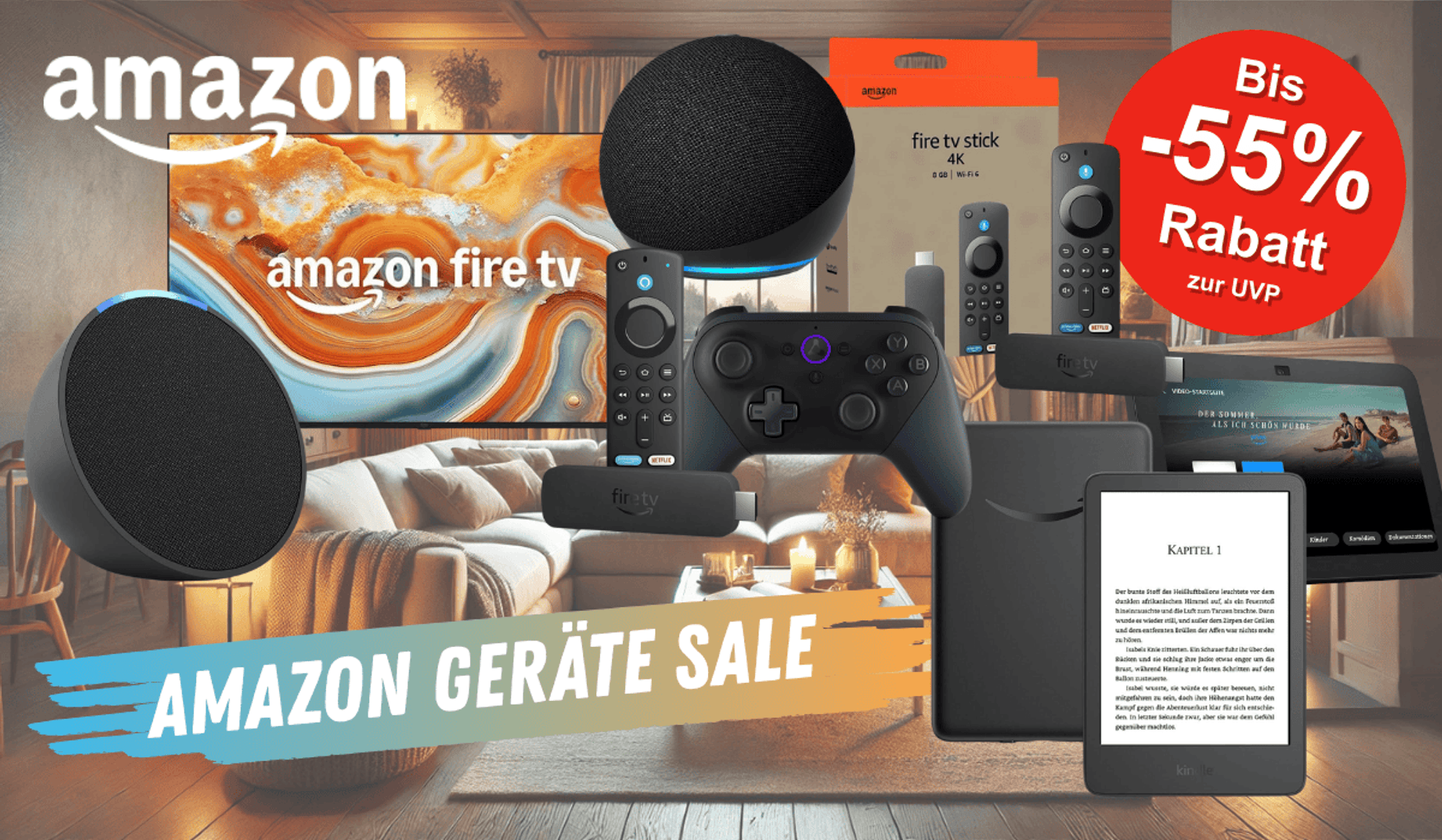 Darstellung verschiedener Amazon Geräte wie Amazon Fire TV Stick, Echo Dot, Kindle, Amazon Fire TV und mehr vor einem Hintergrund, welcher ein gemütliches Wohnzimmer zeigt.
