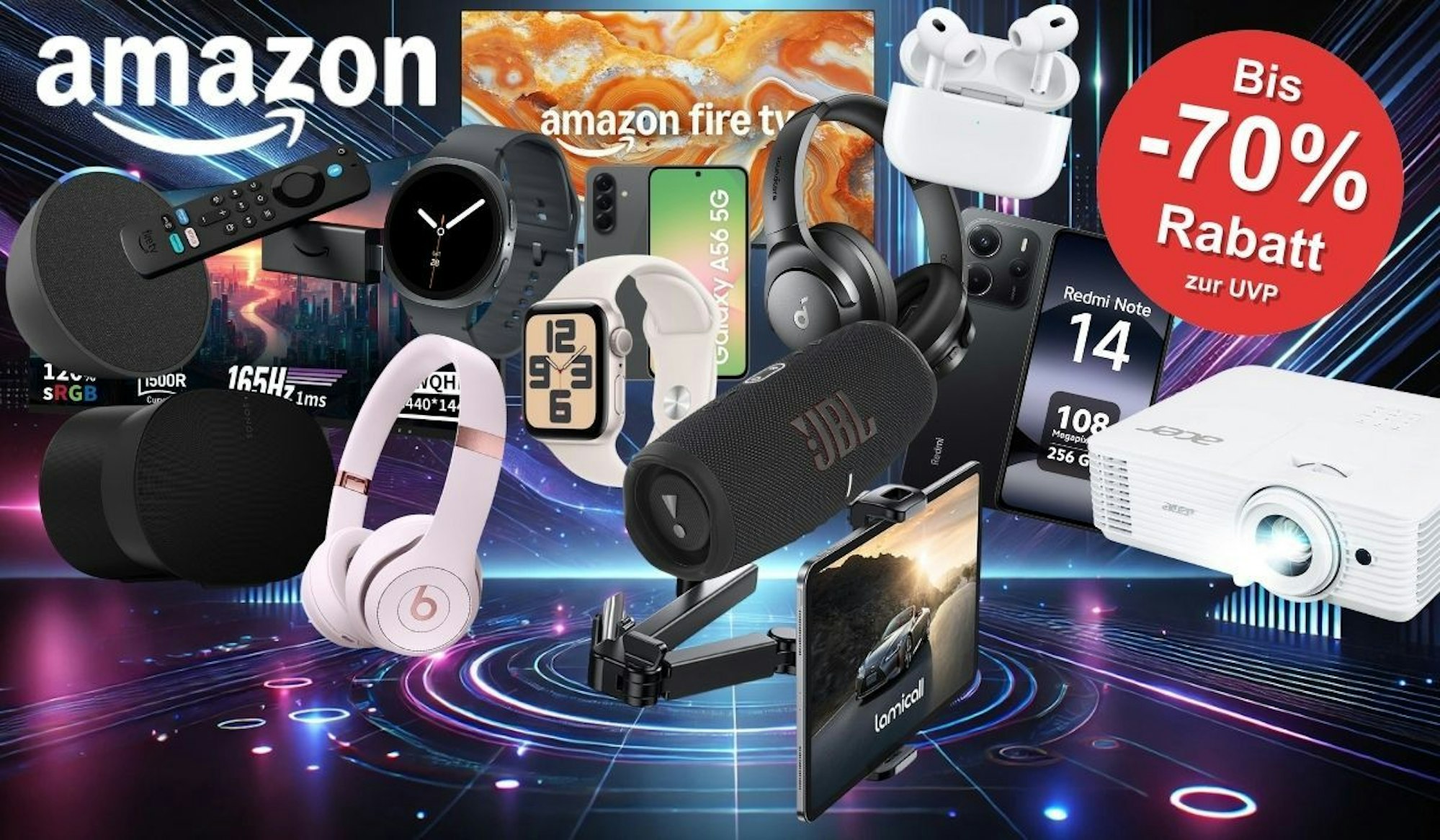 Technik, Computer, Audio und Entertainment Produkte wie Amazon Fire TV, Apple AirPods, JBL Box, Samsung Smartwatch, Acer Beamer, Soundcore Kopfhörer und mehr vor einem futuristischen neonfarbenen Technikhintergrund mit Lichtern und Elektronik.