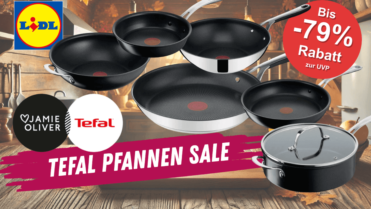 Darstellung verschiedener Tefal und Tefal Jamie Oliver Pfannen vor einem Hintergrund der eine Küche mit herbstlicher Dekoration zeigt.