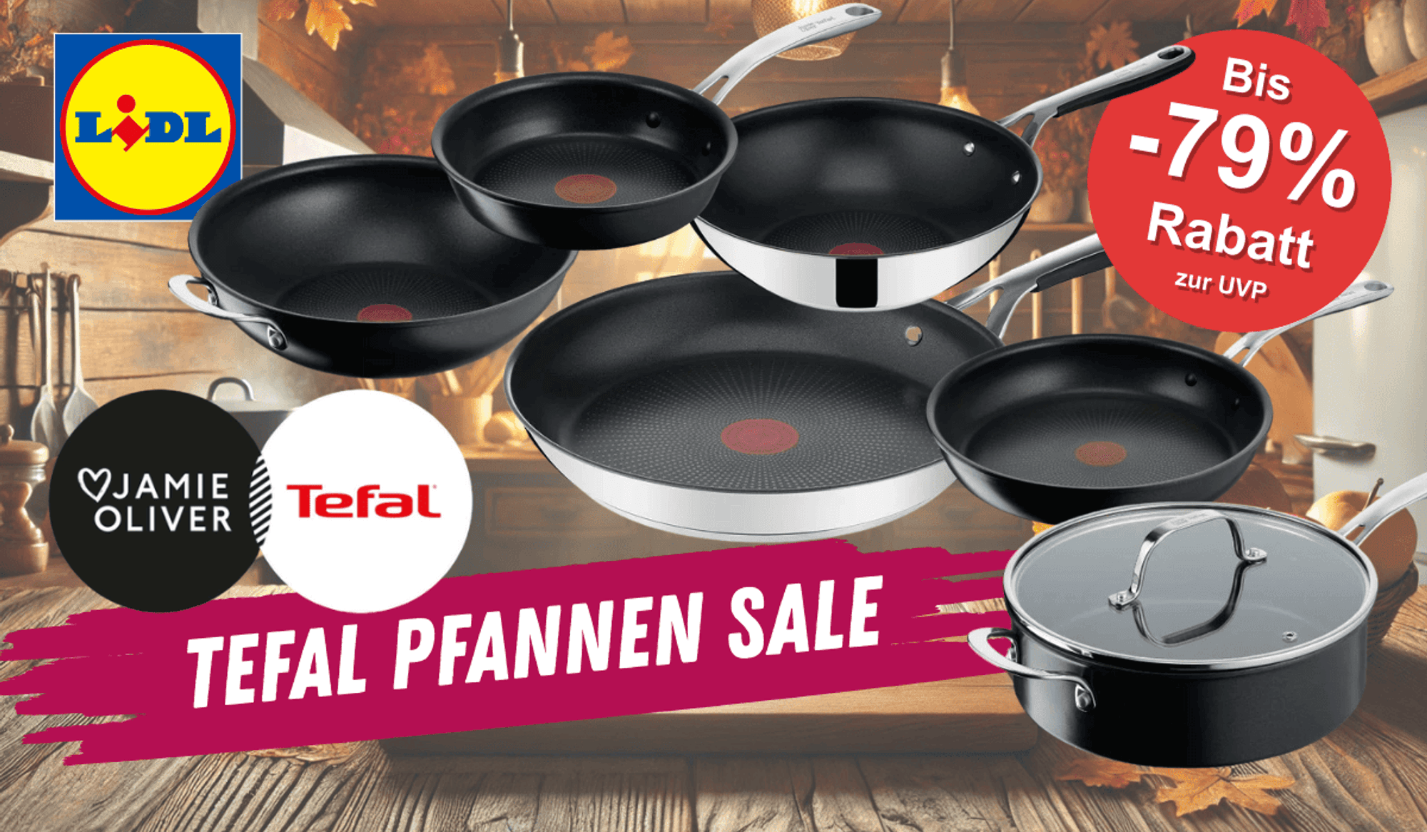 Darstellung verschiedener Tefal und Tefal Jamie Oliver Pfannen vor einem Hintergrund der eine Küche mit herbstlicher Dekoration zeigt.