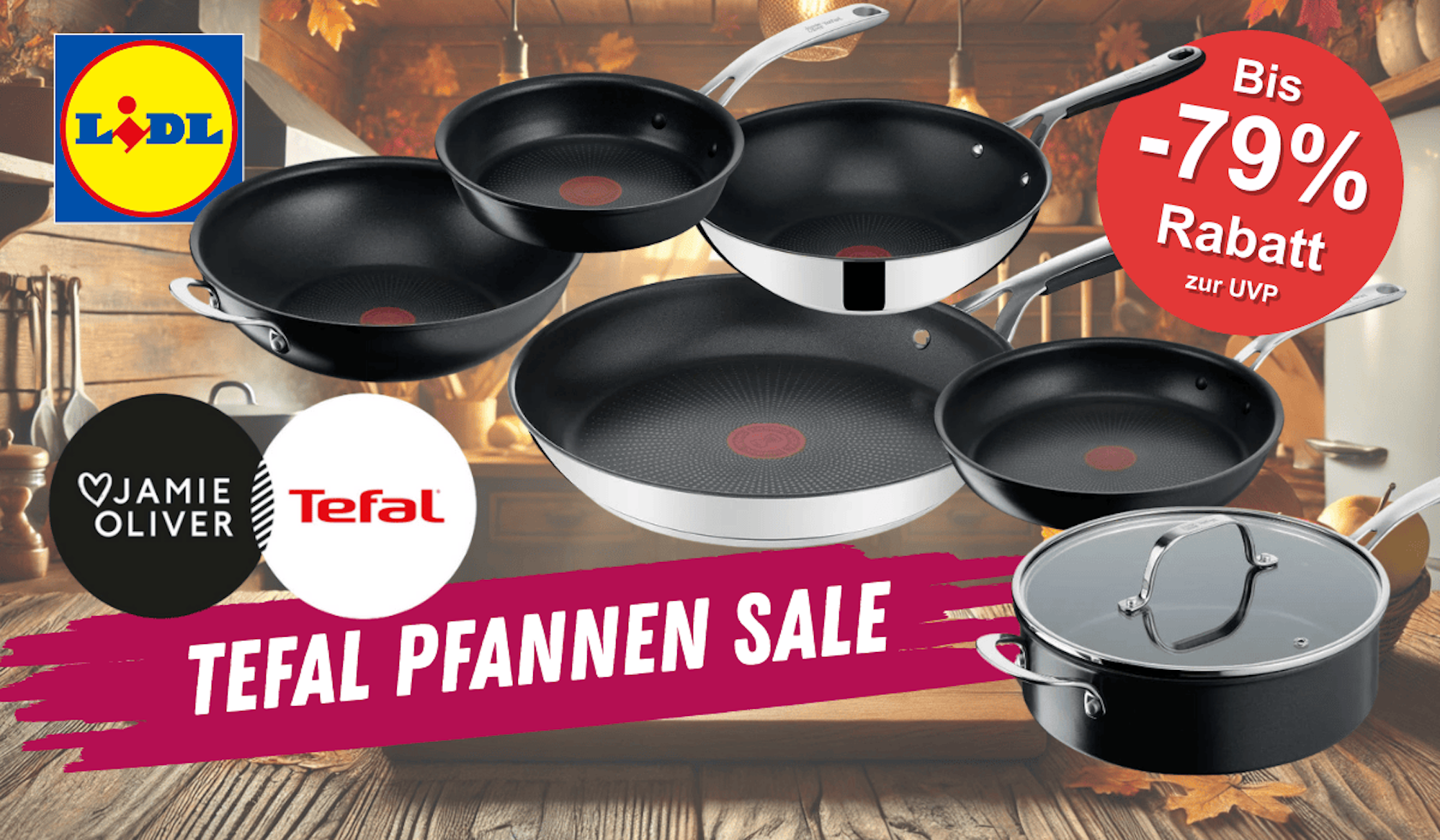 Darstellung verschiedener Tefal und Tefal Jamie Oliver Pfannen vor einem Hintergrund der eine Küche mit herbstlicher Dekoration zeigt.