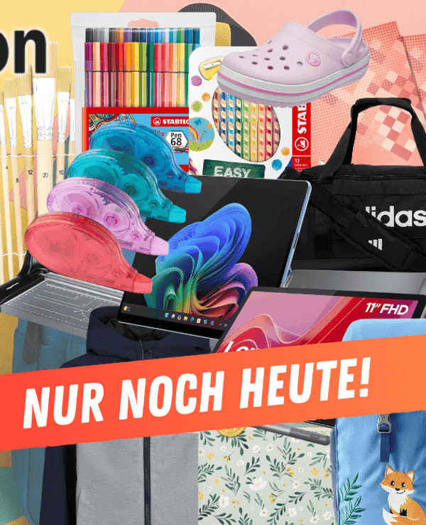 Anordnung verschiedener Schulartikel wie Stifte, Blöcke, Tablets, Trinkflaschen und mehr vor einem bunten Hintergrund.