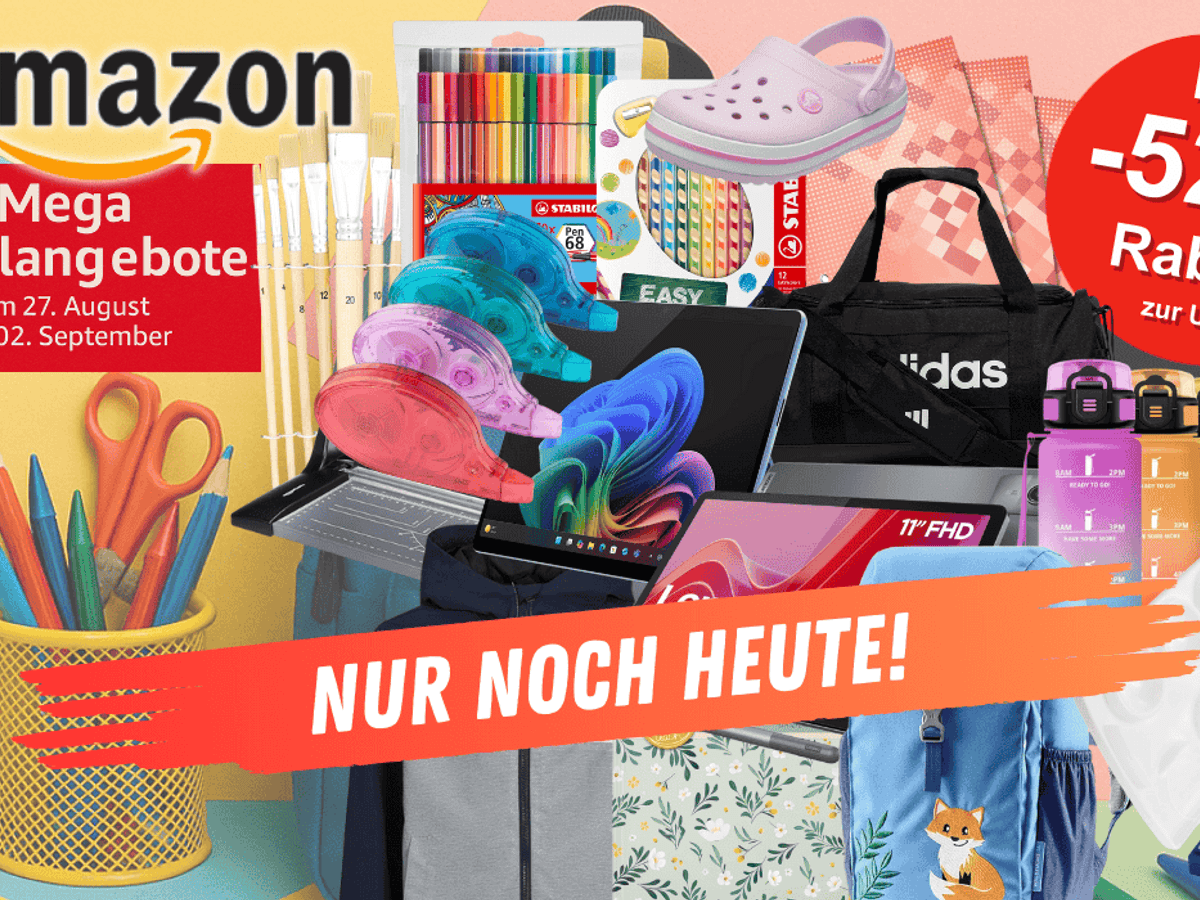 Anordnung verschiedener Schulartikel wie Stifte, Blöcke, Tablets, Trinkflaschen und mehr vor einem bunten Hintergrund.